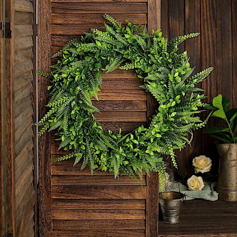 2 Green 22 In Wreaths Artificial Boxwood And Faux Fern Leaves Candle Rings - Image 2