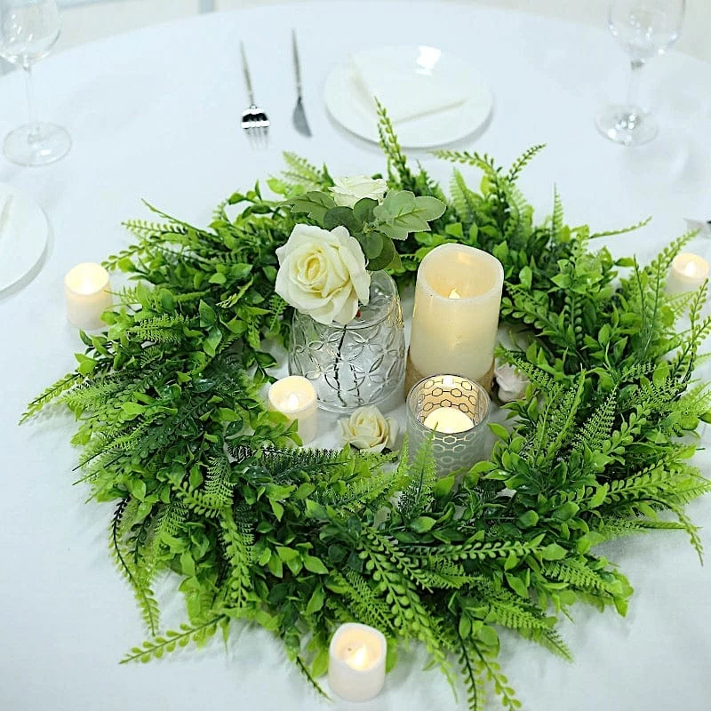 2 Green 22 In Wreaths Artificial Boxwood And Faux Fern Leaves Candle Rings - Image 6